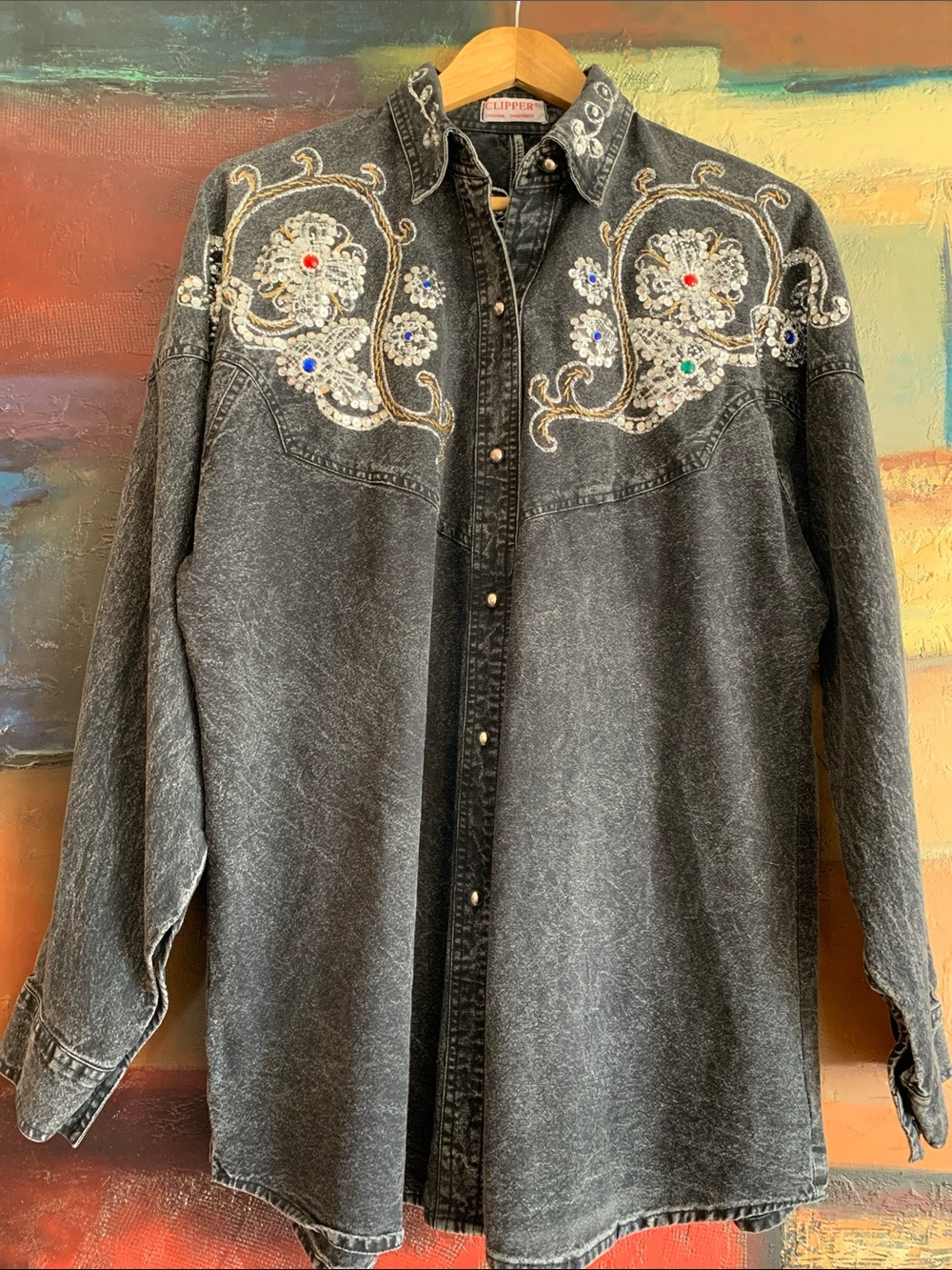 Vintage Clipper Original Handmade Denim Sequinned & Embroidered Shirt, Sz L-XL